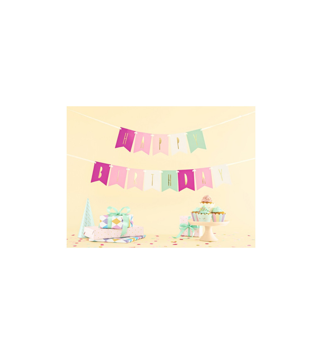 Girlanda - Happy Birthday růžová
