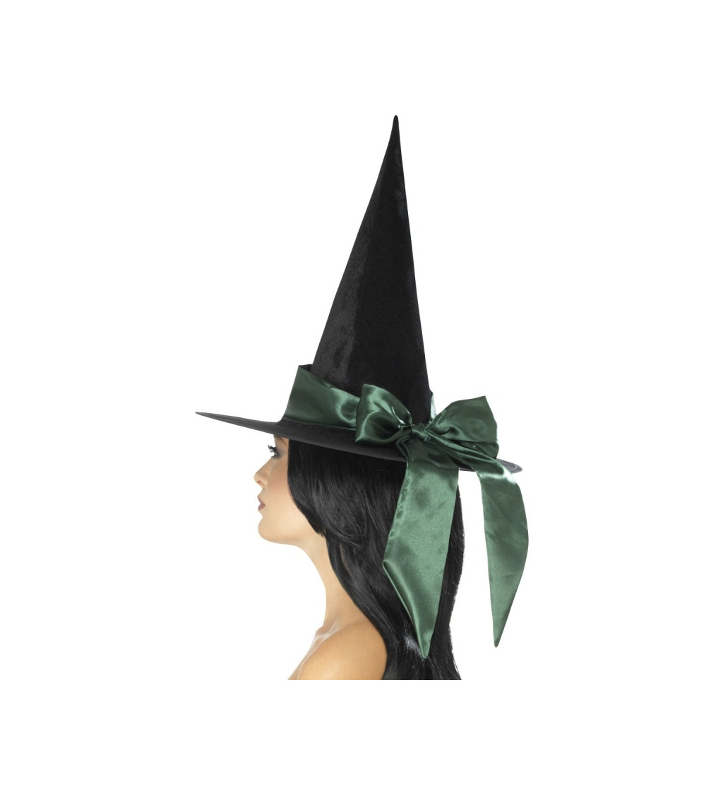 Čarodějnický černý klobouk se zelenou mašlí