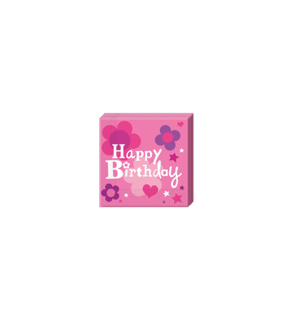 Papírové ubrousky - Happy Birthday, růžové