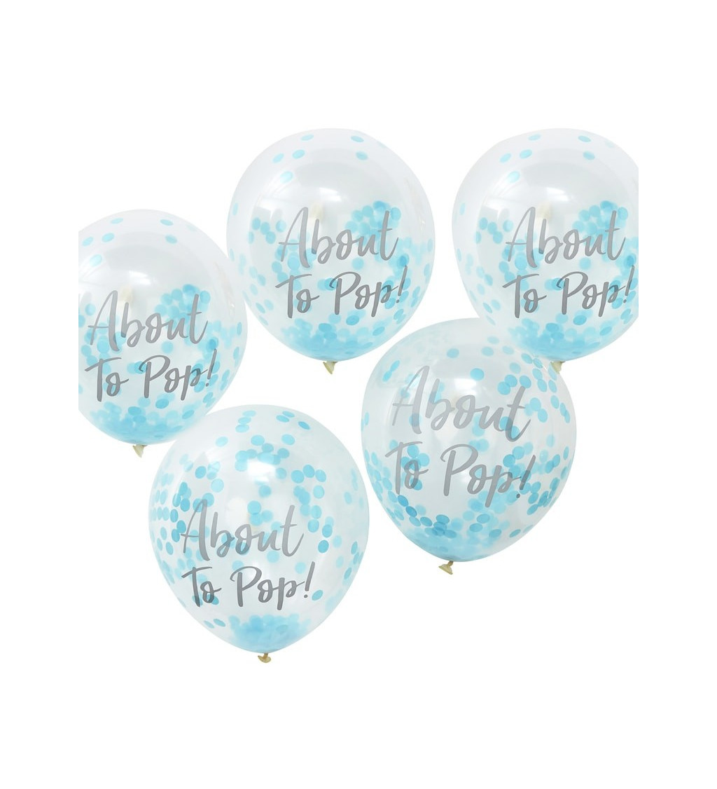 Balónek s modrými konfetami uvnitř "About to pop"