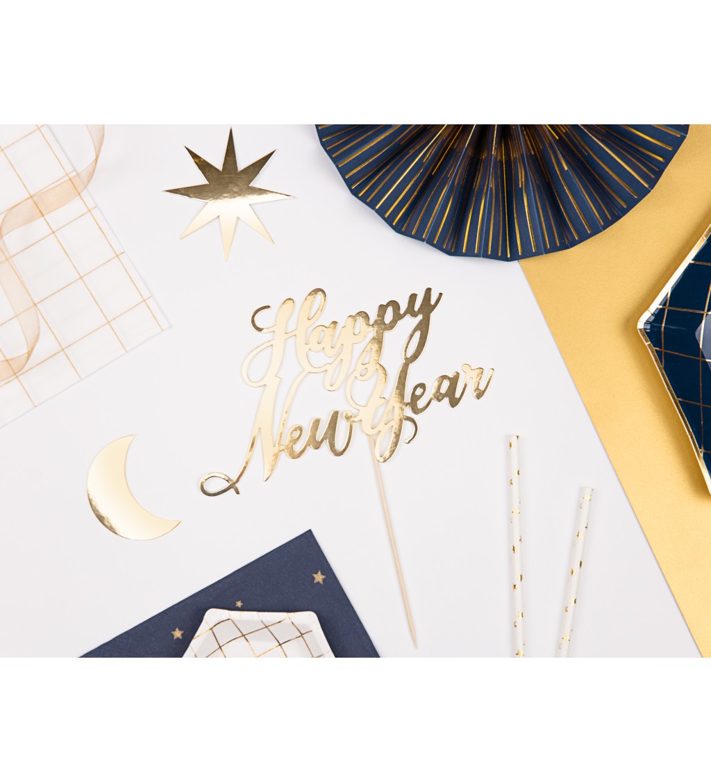 Zlatá dekorace na dort - Happy New Year
