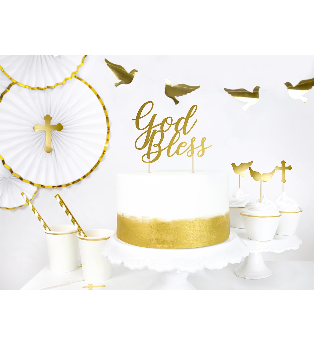 Zlatá dekorace na dort - God Bless