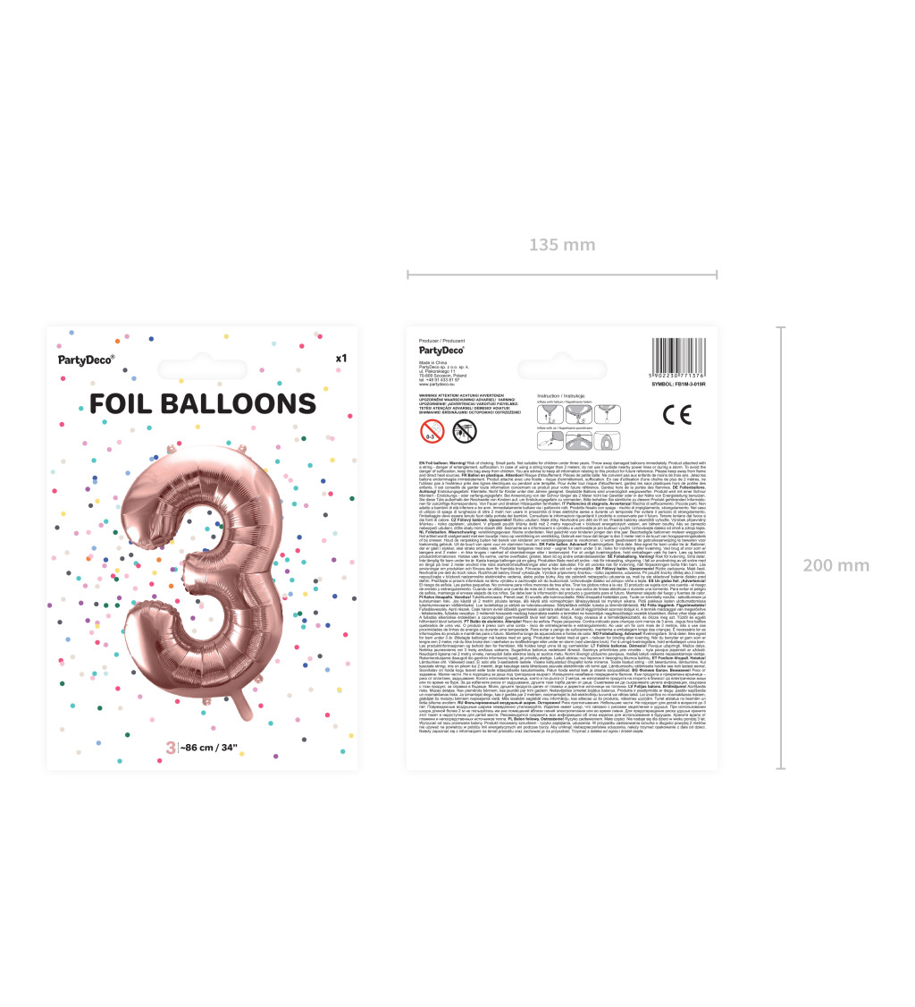 Fóliová číslice balónek 3 rosegold