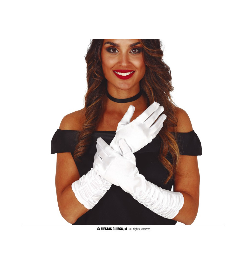 Bílé vrásčité rukavice, 40 cm