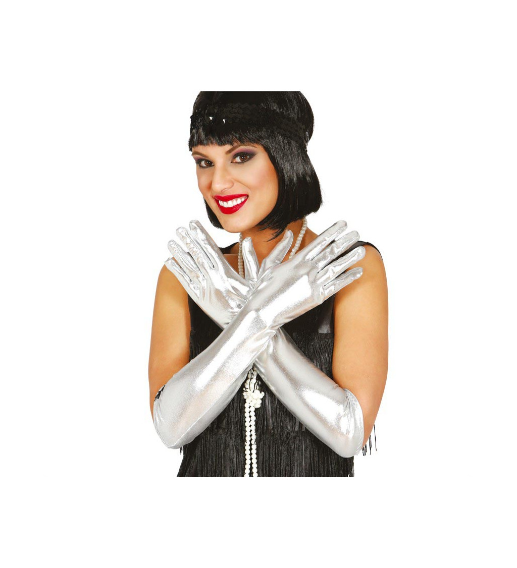 Dlouhé rukavice – stříbrné, 44cm