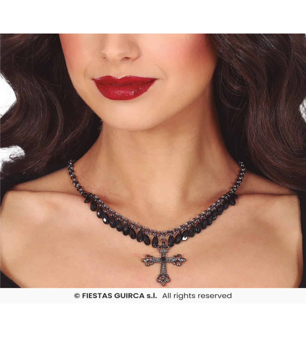Náhrdelník s křížkem a černými kamínky