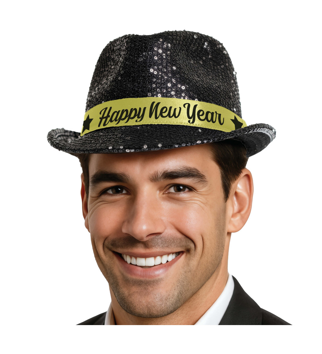 Klobouk Happy New Year černé flitry