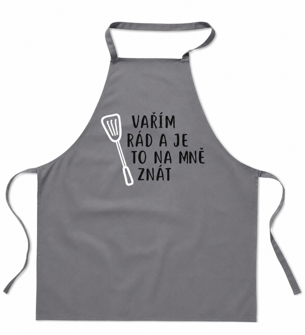 Zástěra šedá nápis - Vařím rád a je to na mě znát