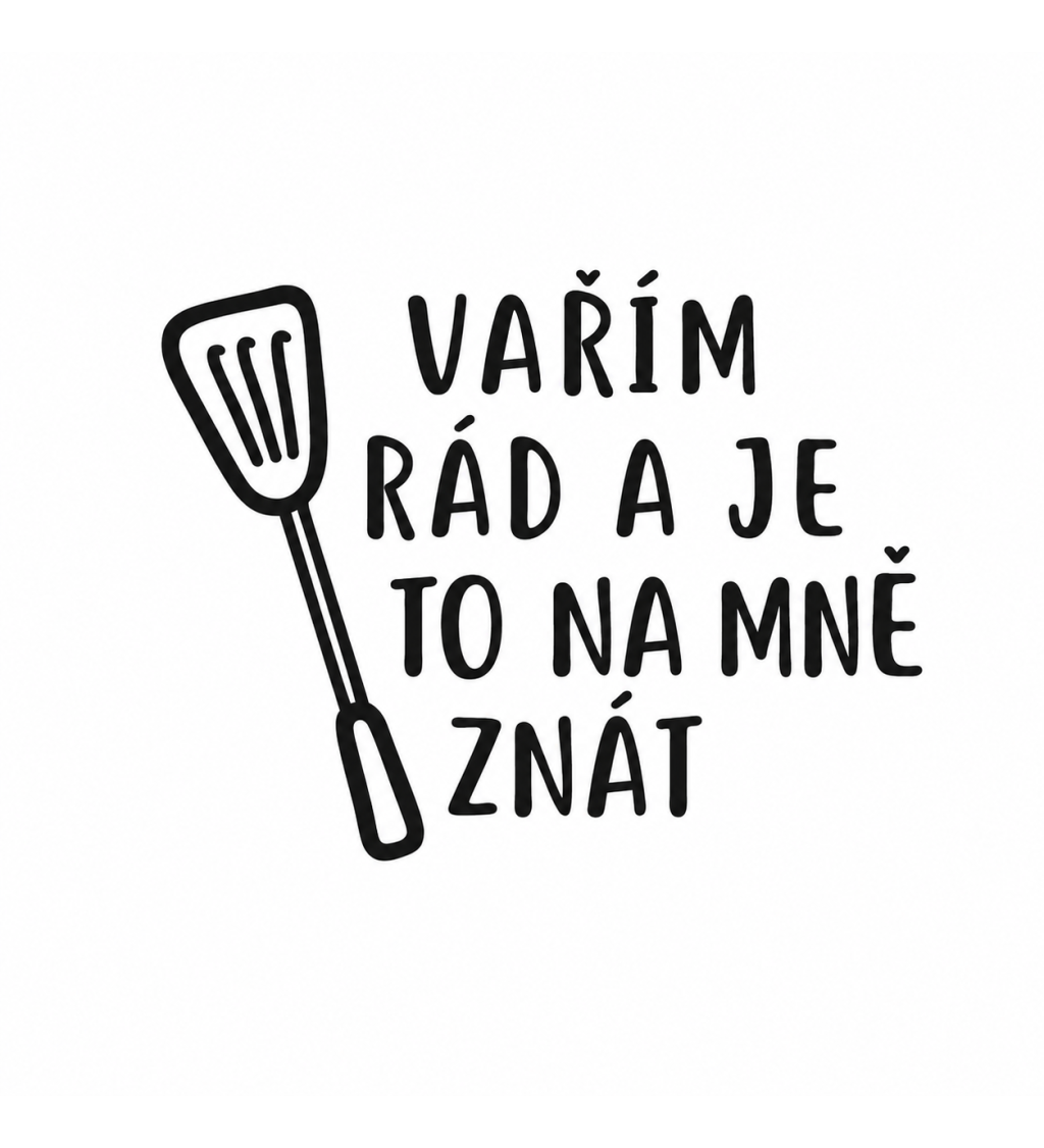 Zástěra bílá nápis - Vařím rád a je to na mě znát