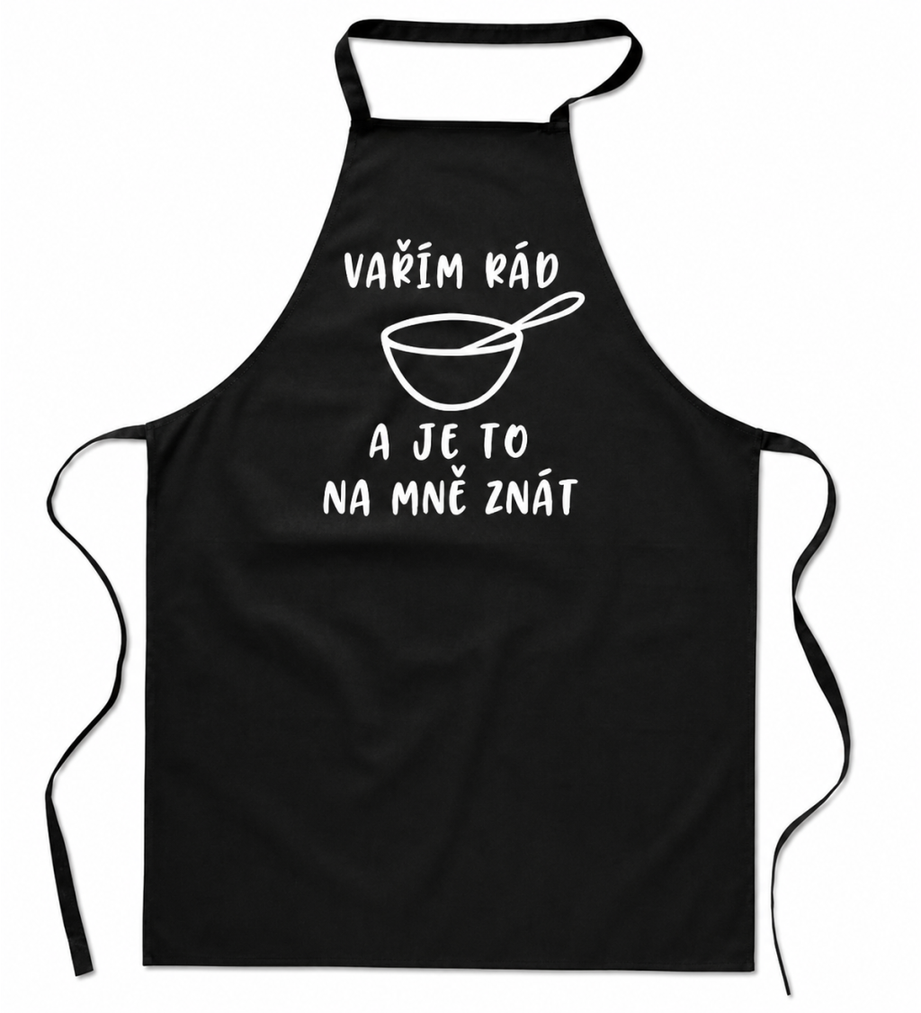 Zástěra černá nápis - Vařím rád a je to na mě znát