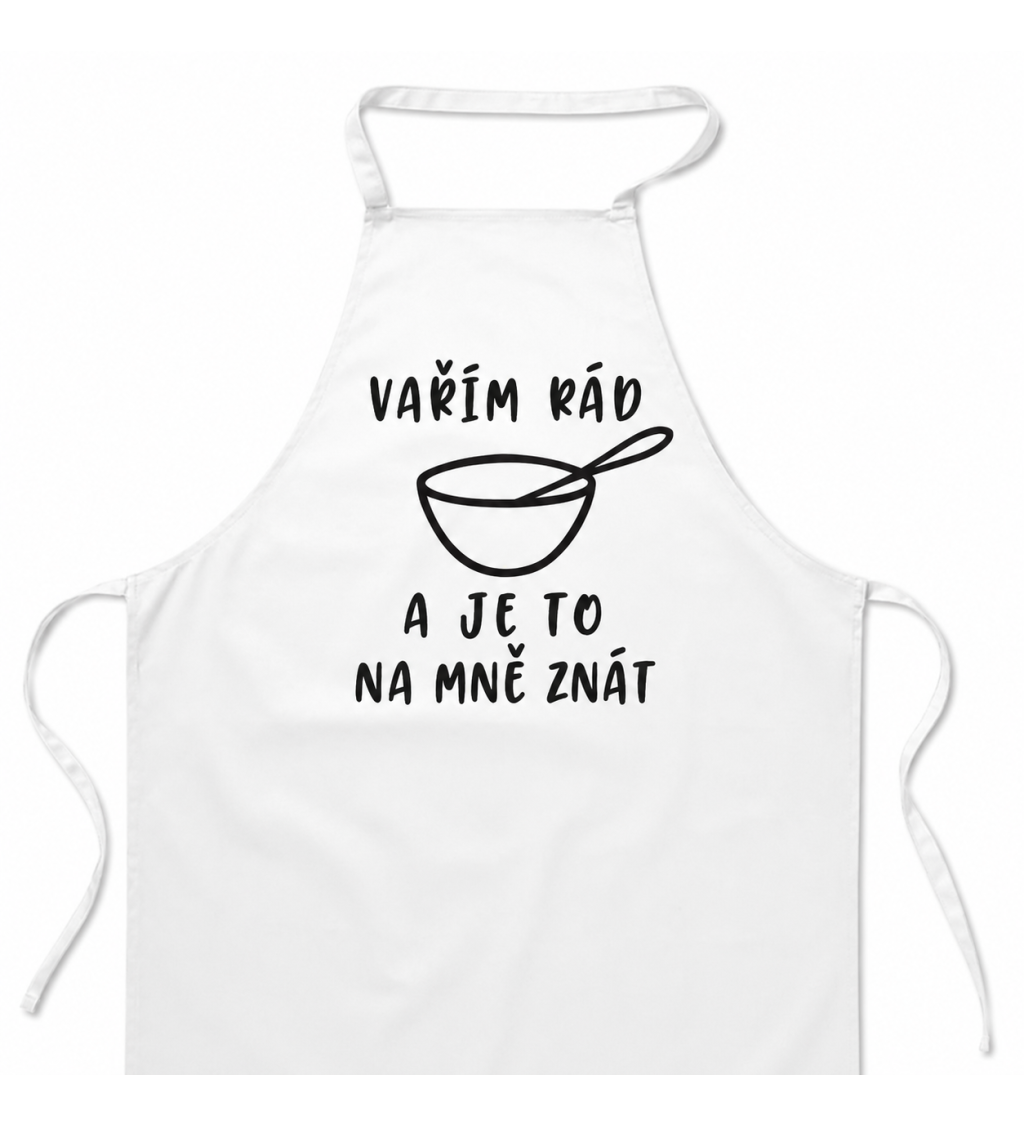 Zástěra bílá nápis - Vařím rád a je to na mě znát