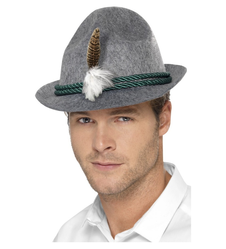 Bavorský klobouk s peříčkem - šedý