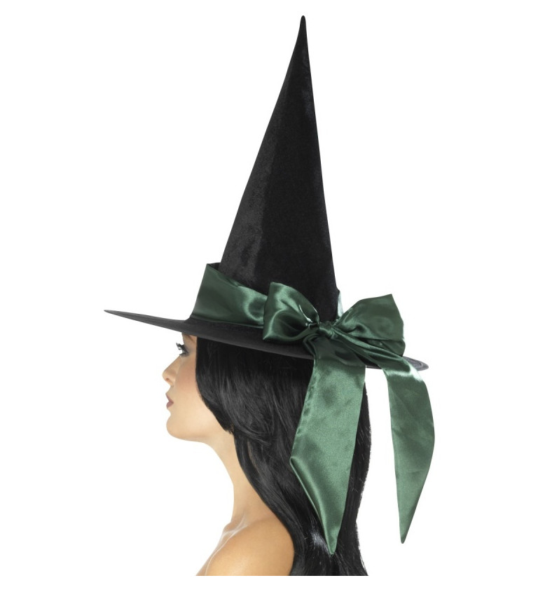 Čarodějnický černý klobouk se zelenou mašlí
