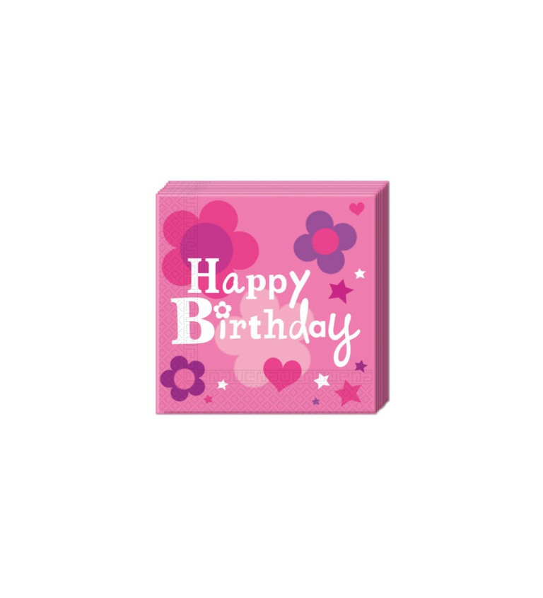 Papírové ubrousky - Happy Birthday, růžové