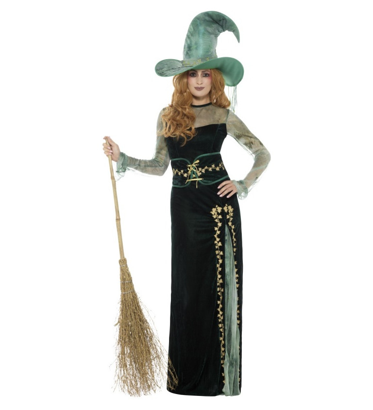 Kostým čarodějnice - sametový zelený