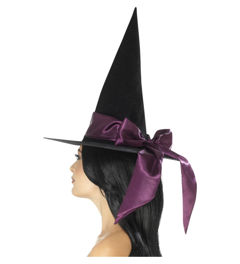 Čarodějnický černý klobouk s fialovou mašlí