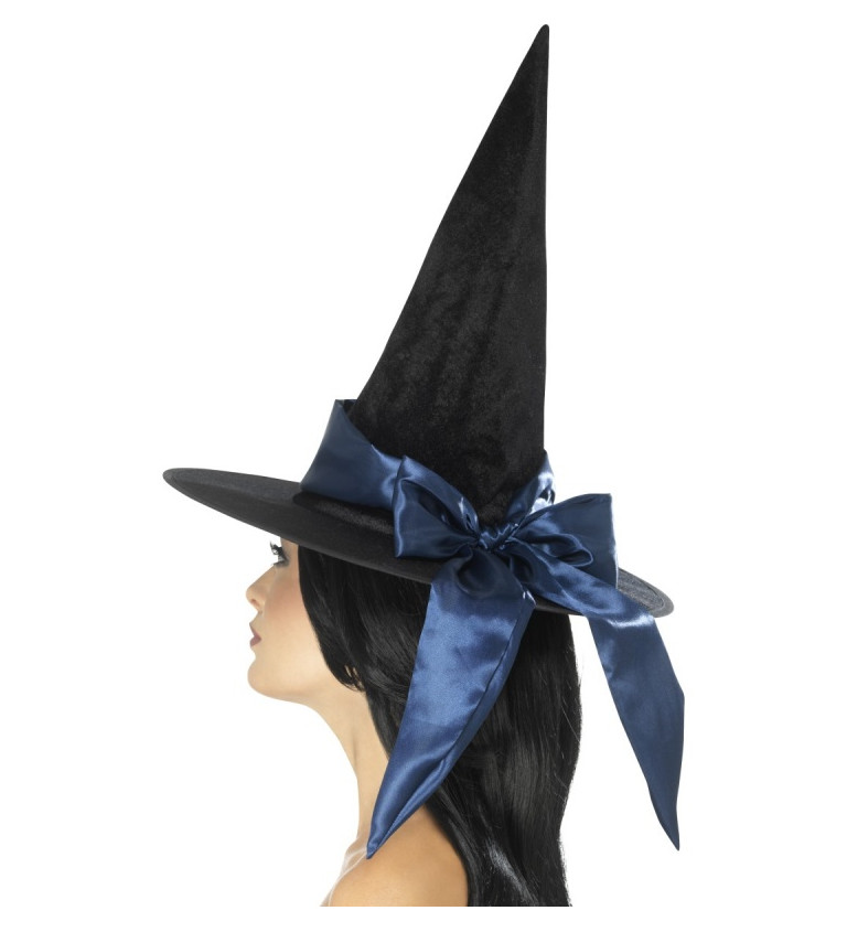 Čarodějnický černý klobouk s modrou mašlí