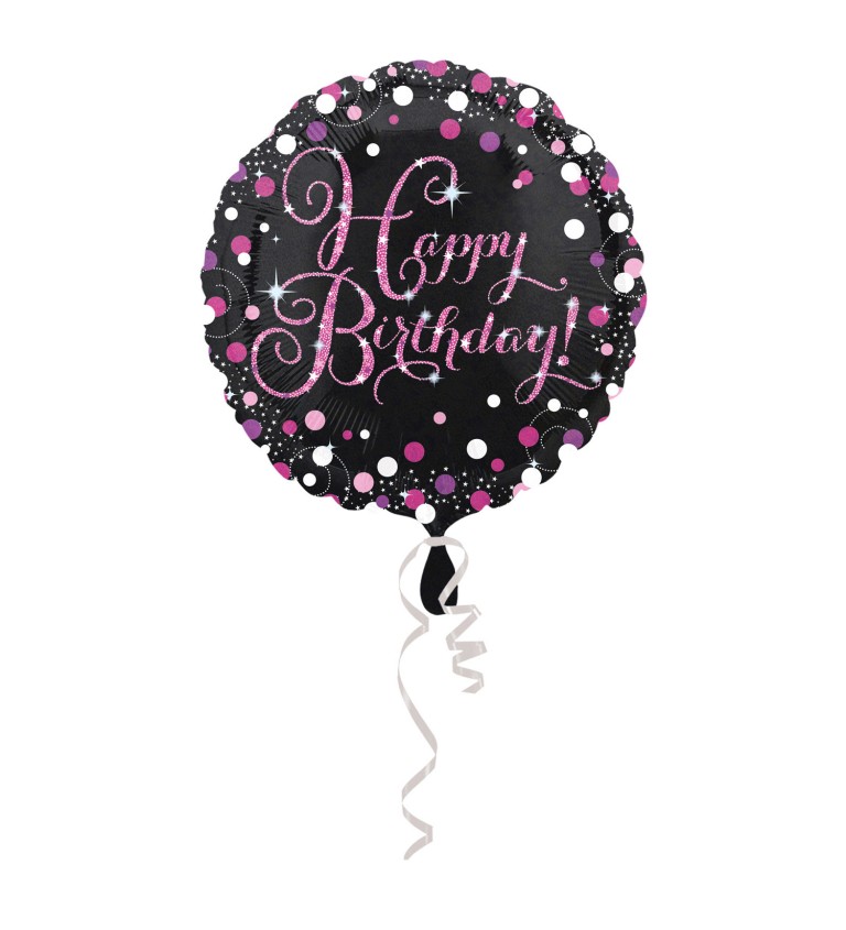 Černo-růžový fóliový balónek Happy Birthday