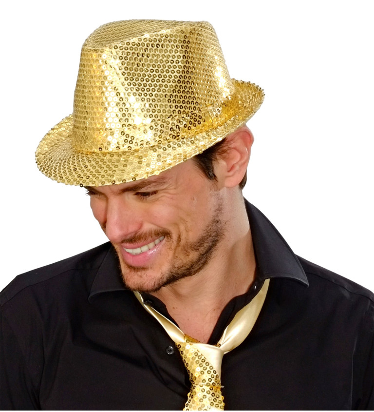 Zlatý glitrový klobouk Fedora