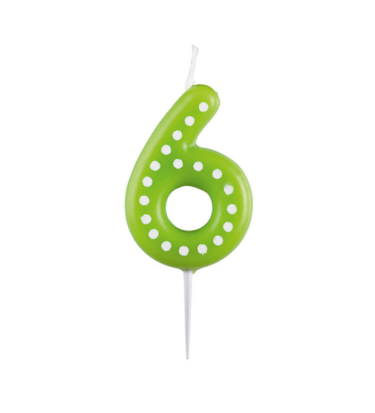 Zelená svíčka s puntíky - "6"