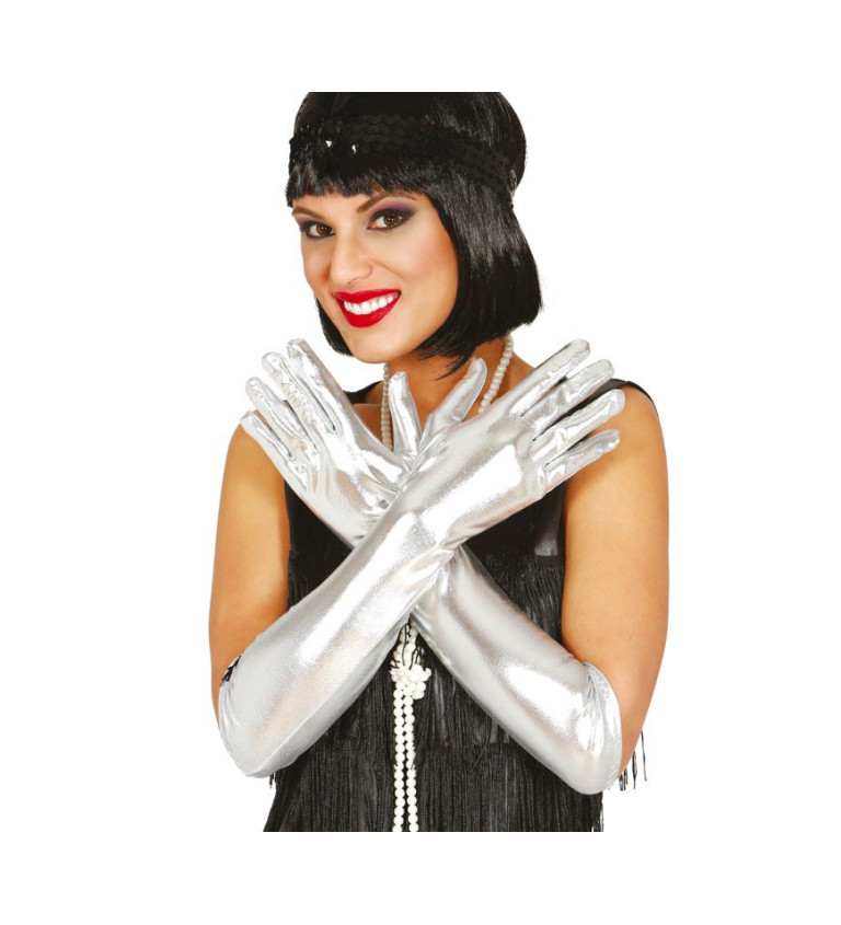Dlouhé rukavice – stříbrné, 44cm