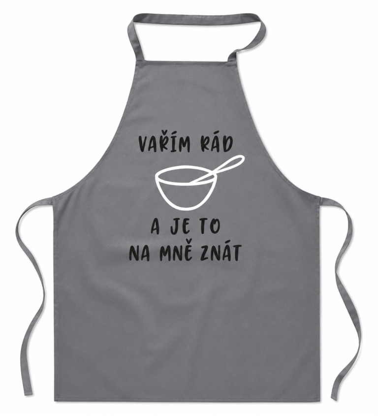 Zástěra šedá nápis - Vařím rád a je to na mě znát